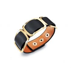 Oxhide Leather Bracelet - 3 Gold Rectangles Black