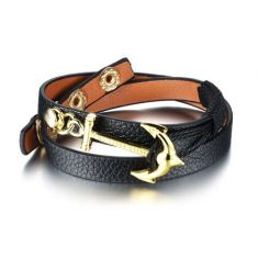 Oxhide Leather Bracelet Anchor Design Black