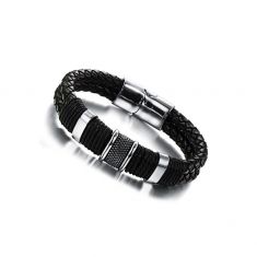 Oxhide Leather Bracelet-Silver centre dots Black